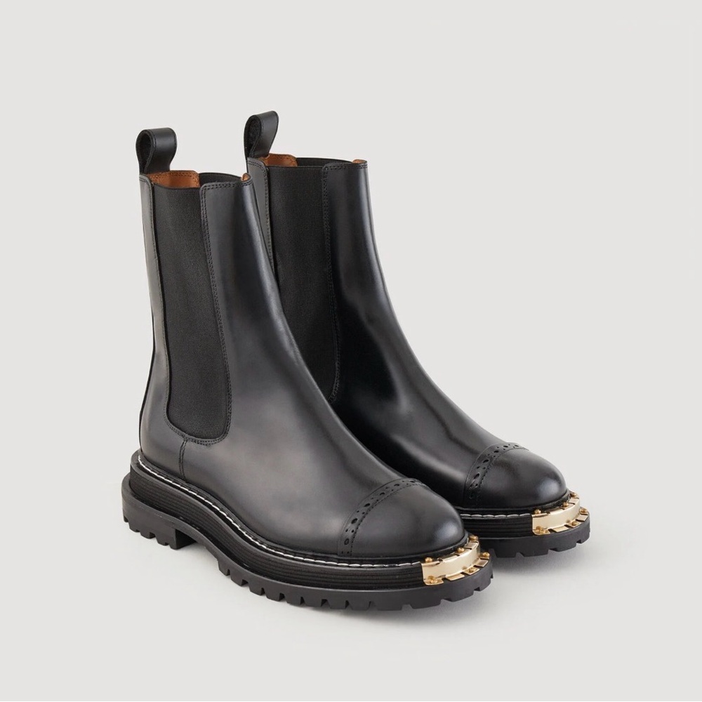 Sandro Black Leather Combat Boots with Silver Toe Hardware - Picture 5 of 6
